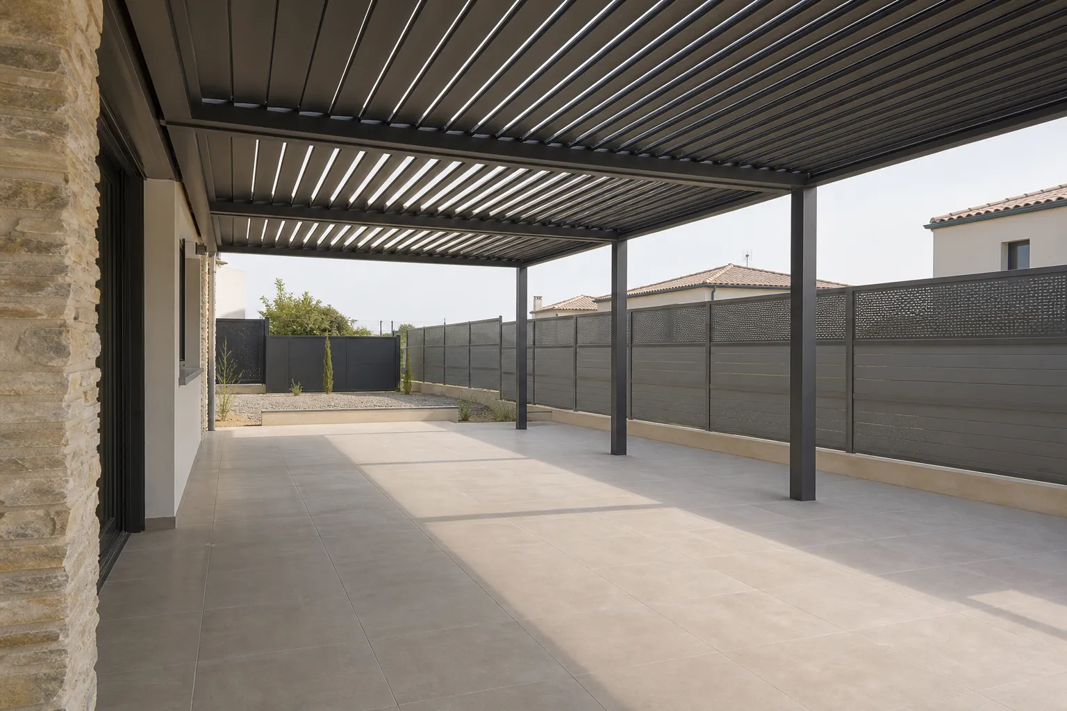 Terrasse couverte par une pergola aux lames aluminium entrouvertes, vue de fin de matinée
