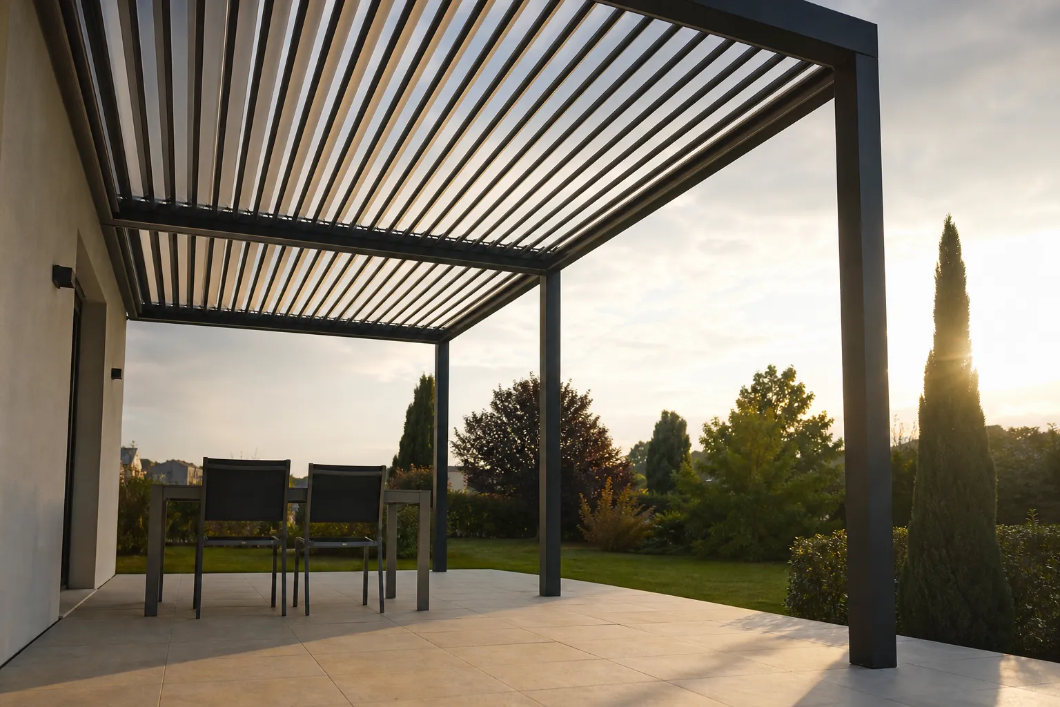 Terrasse sous une pergola bioclimatique aux lames orientables entrouvertes, lumière dorée de fin de journée