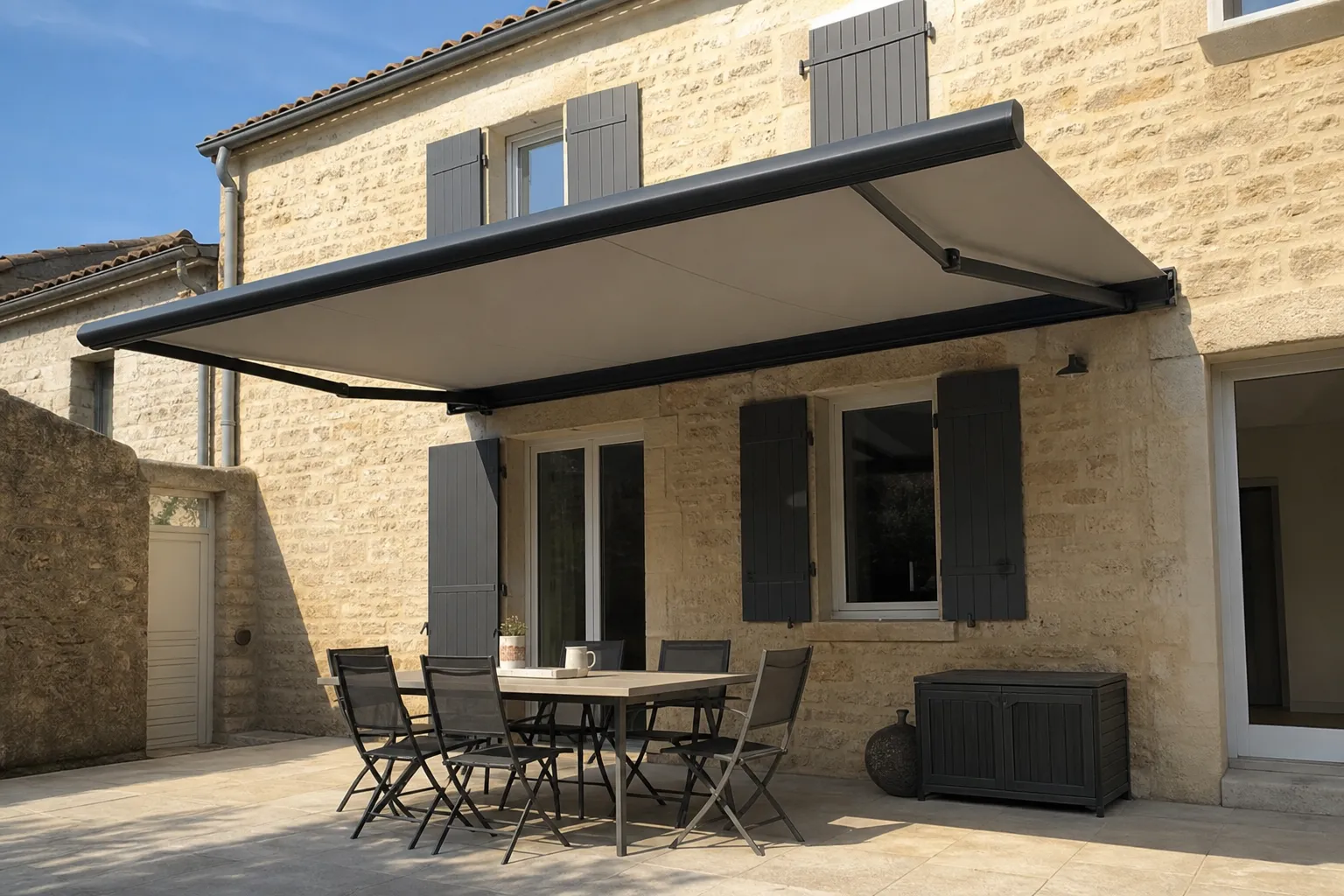 Store banne déployé sur une façade, ombre nette projetée sur une table de terrasse