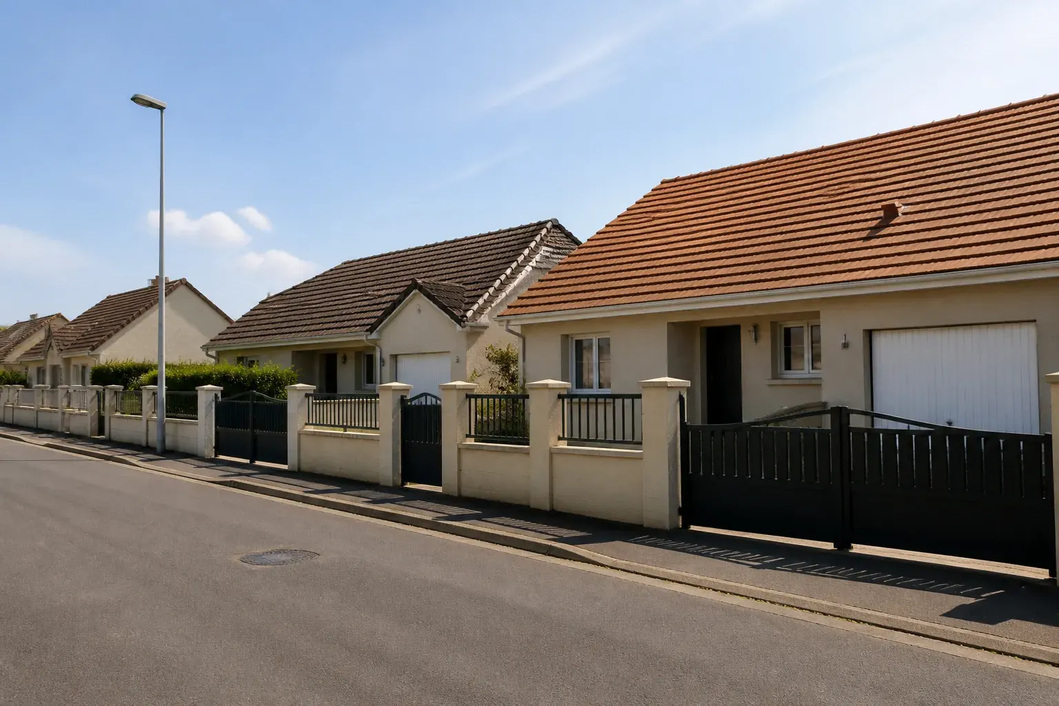 Rue pavillonnaire de périphérie, maisons individuelles avec jardins et toitures en tuile plate